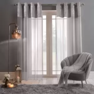 Image of Sienna Pair Of Crushed Velvet Panel Lace Voile Net Curtain Textured Eyelet Ring Top Silver Grey Panels - 55" Wide X 87" Drop