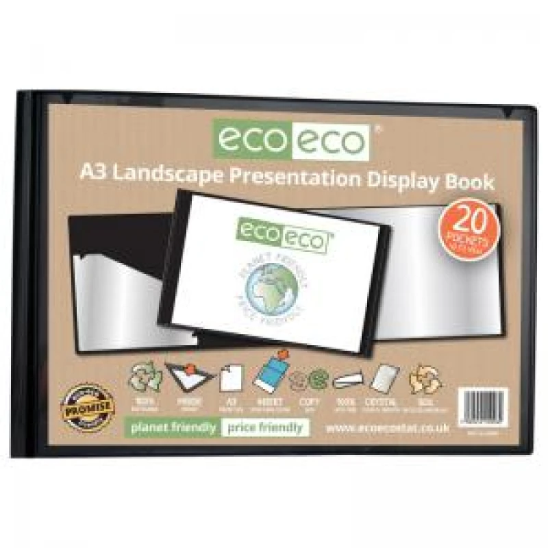 Image of Eco Eco 50% Recycled Landscape Presentation Display Book 20 Pockets A3 Black eco096-S