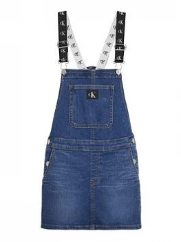 Image of Calvin Klein Jeans Girls Denim Dungaree Dress - Mid Blue Size 12 Years, Women