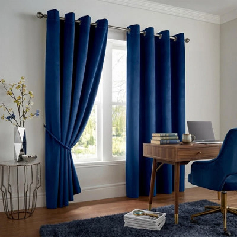Image of Luxury Living Velvet Thermal Blackout Eyelet Curtains Ready Made Pair in Blue Size: 229cm width x 229cm drop Blue Unisex 229cm width x 229cm dro