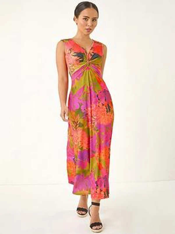 Image of Roman Womens Petite Floral Twisted Stretch Maxi Dress in Orange Size: 18 Orange Female 18
