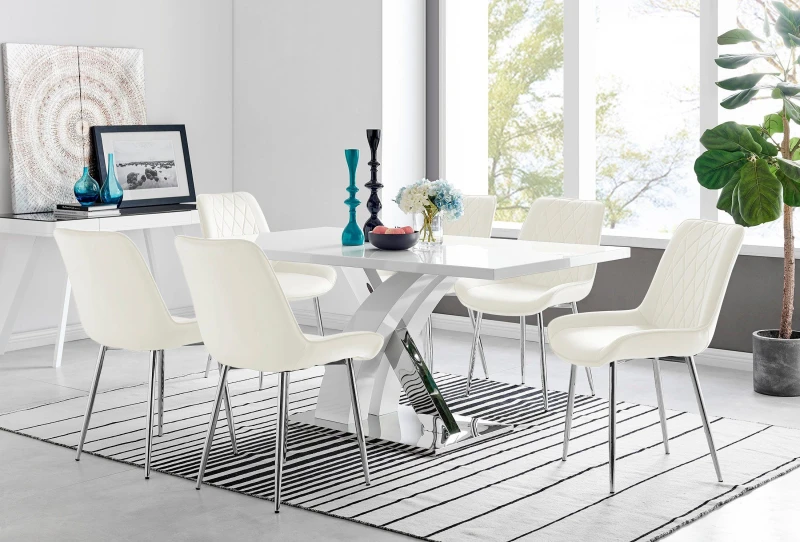 Image of FurnitureboxUK FurnitureboxUK Atlanta 6 White Dining Table and 6 Pesaro Silver Leg Chairs in Cream Cream One Size Unisex 5056542664571