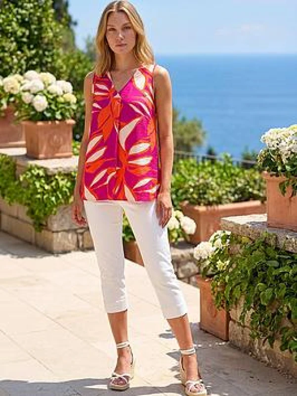 Image of Roman Womens Floral Print Pleat Front Vest Top in Cerise Size: 14 Cerise Female 14