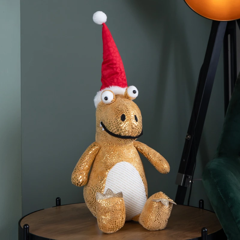 Image of 60cm Tall Gold Plush Zilla Dino Standing Christmas Decoration with Santa Hat