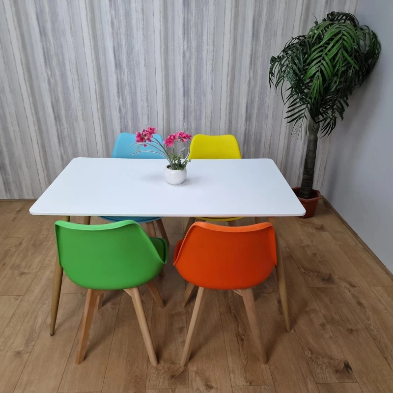 Image of KOSY KOALA Dining Table and 4 Chairs White Wood 4 Colourful Plastic Leather Chairs Dining Room Rectangle white tulip table + 4 mixed colour tulip