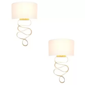 Image of 2 PACK Hammered Gold Leaf Ribbon Wall Light & Ivory Half Shade - Dimmable