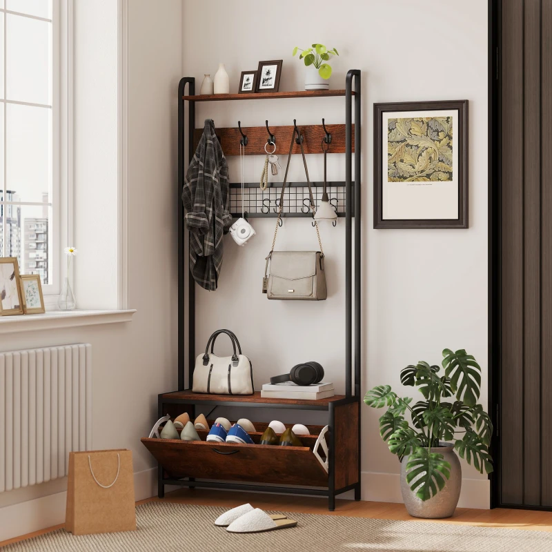 Image of HOMCOM HOMCOM 5-In-1 Coat Rack with Shoe Storage Bench for Hallway Living Room in Brown Brown One Size Unisex 5063603774568