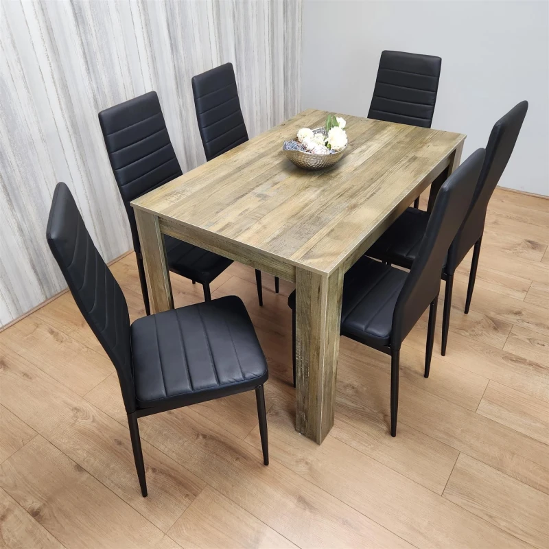Image of KOSY KOALA KOSY KOALA Dining Table and 6 Black Leather Chairs Rustic Effect Wood Dining Room in Brown Size: 140cm x 80cm Brown 140cm x 80cm Unisex 5