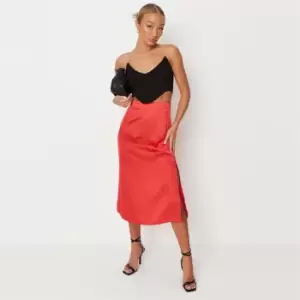 image of Missguided Satin Bias Cut Midi Slip Skirt - Red