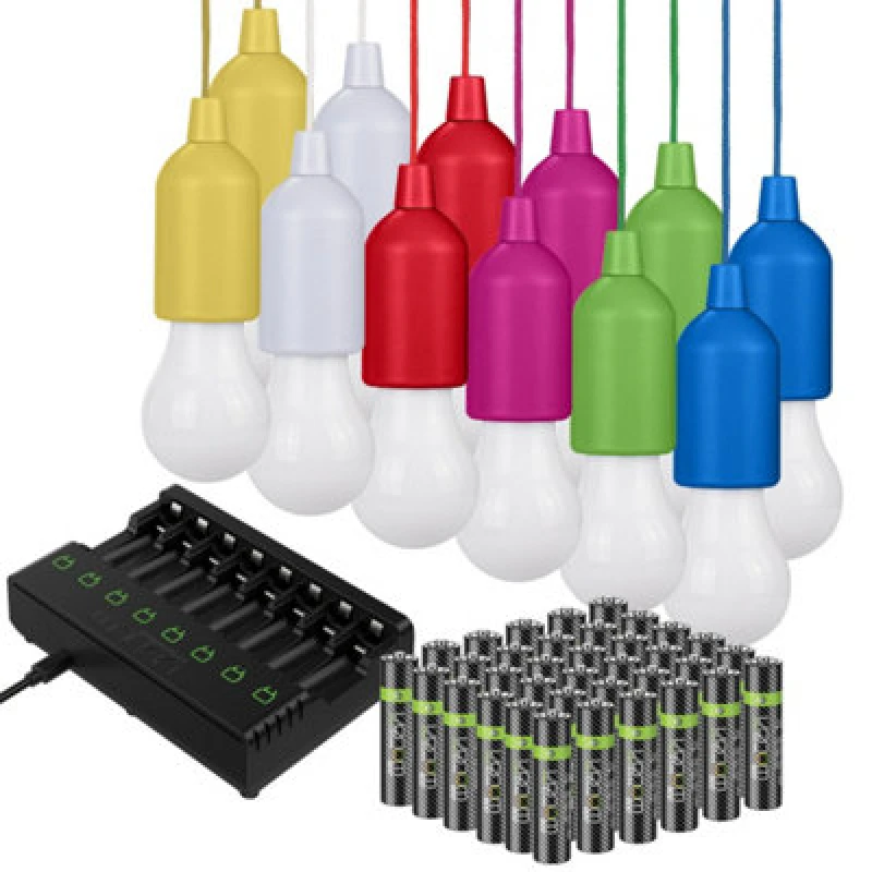 Image of Valiant Hanging String Lights Battery Powered LED (12-Pack) plus 36 x AAA Batteries plus 8-Way Charging Dock Multi