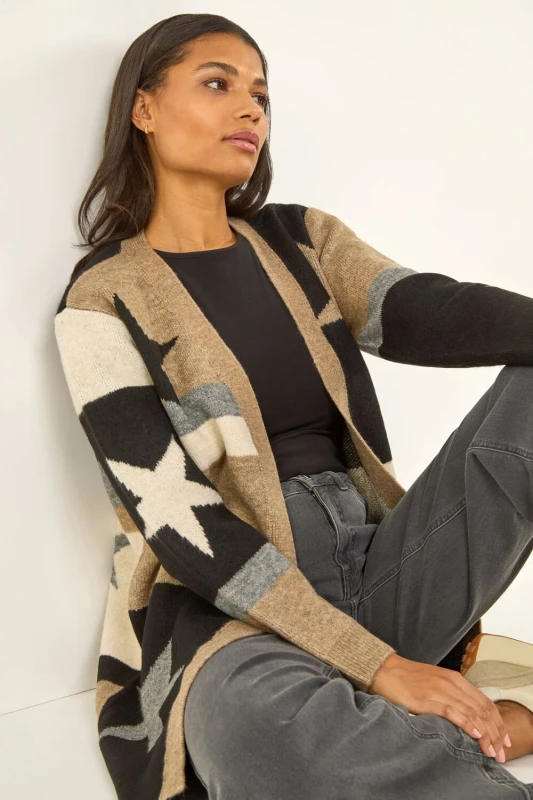 Image of Roman Womens Star Print Longline Stretch Cardigan in Natural Size: 12 Natural Female 12