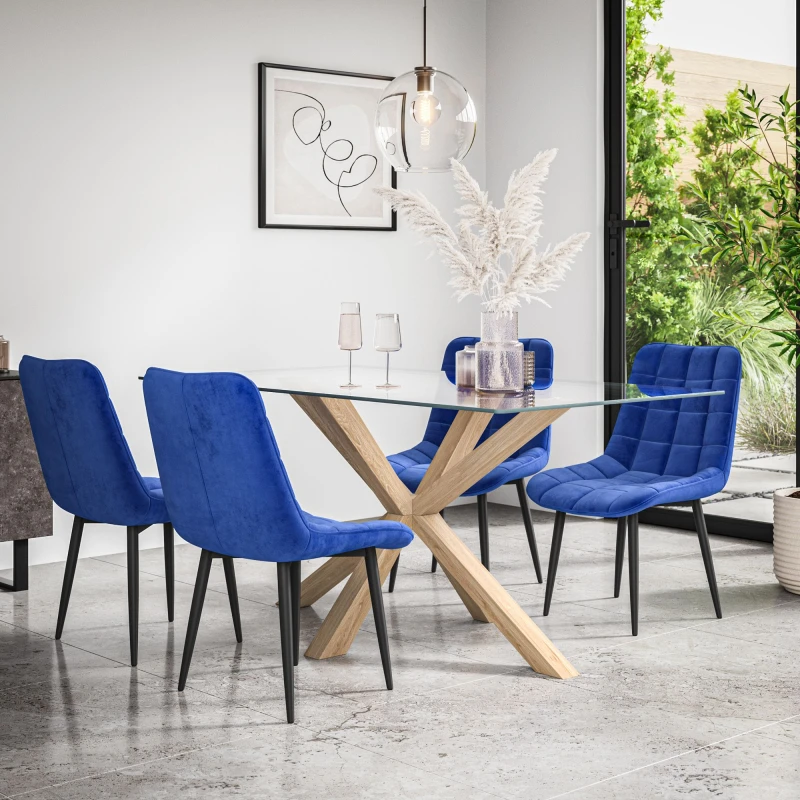 Image of More4Homes Etta Glass Dining Table And Chairs - Glass Top W Solid Oak Legs + Nova Velvet Dining Chair Set Of 4 (Blue)