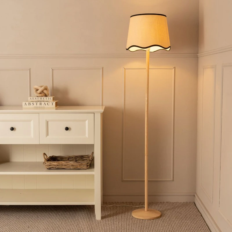 Image of ValueLights Triston Natural Light Wood Stem Floor Lamp with Scallop Trim Tapered Lamp Shade Black