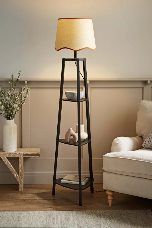 Image of ValueLights Hiru Black Three Tier Shelved Wooden Floor with Linen Trim Scallop Tapered Shade Burnt Orange