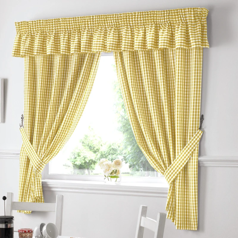 Image of Alan Symonds Gingham Kitchen Curtains - Yellow Yellow 117x107cm