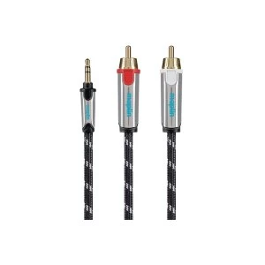 Image of Maplin Pro Tangle-Free Braided 3.5mm Stereo 3 Pole Jack to Twin RCA Phono 2 Pole Cable - Black, 5m
