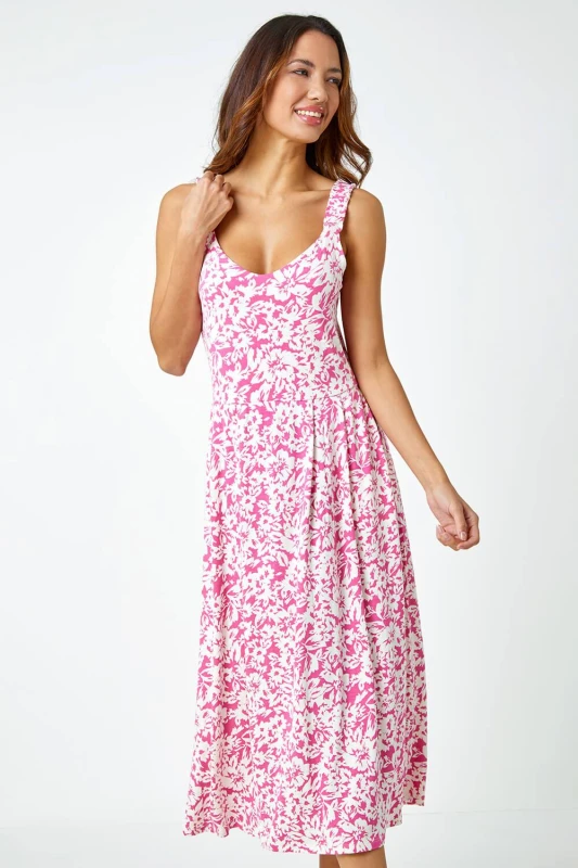Image of Roman Womens Sleeveless Floral Midi Stretch Dress in Pink Size: 14 Pink Female 14