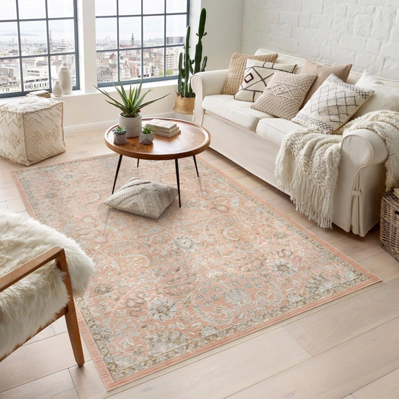Image of Maia Washable Low Pile Non Slip Blossom Traditional Area Rug - Coral, 120 X 180 Cm (Rectangular)