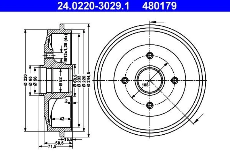 Image of ATE 24.0220-3029.1 Brake Drum 244,5mm, without ABS sensor ring Brake Drum (123)