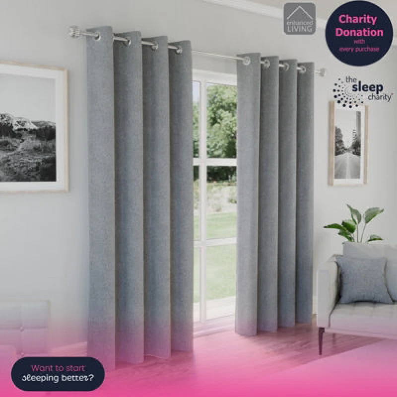 Image of Enhanced Living 'Austin' Grey 100% Blackout, Thermal, Linen Look Pair of Eyelet Curtains Grey