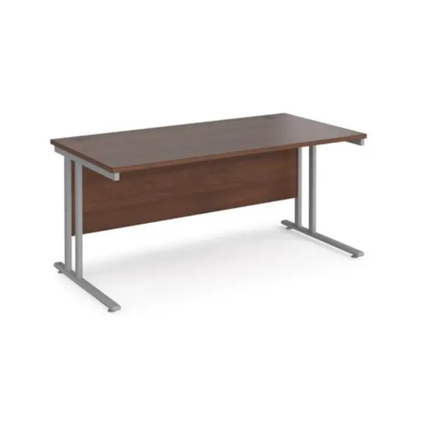 image of Office Desk 1600mm Rectangular Desk With Cantilever Leg Walnut Tops With Silver Frames 800mm Depth Maestro 25