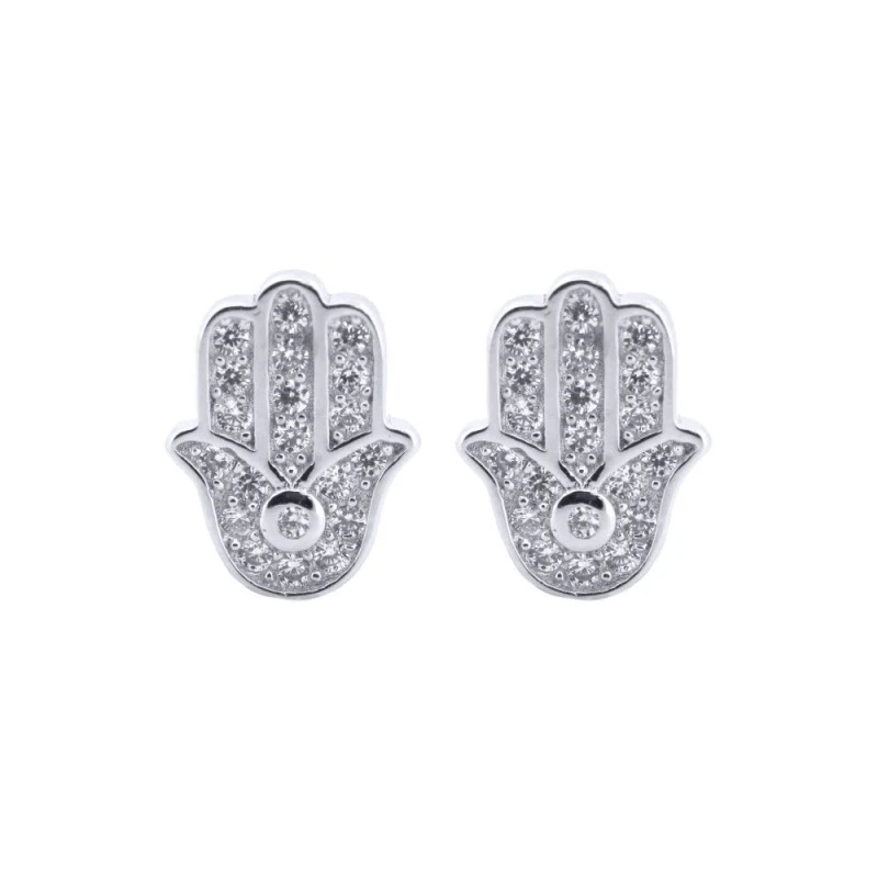 Image of Jewelco London Silver Round CZ 5 Hand Hamsa Stud Earrings - AES203 Silver female
