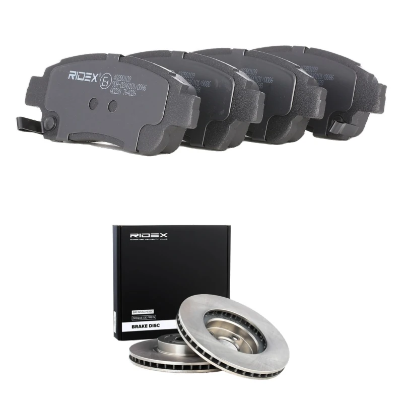 Image of RIDEX 3405B2593 Brake disc and pads set Front Axle, Brake Disc Type: Vented, with acoustic wear warning Brake Set,disc brakes (3405)