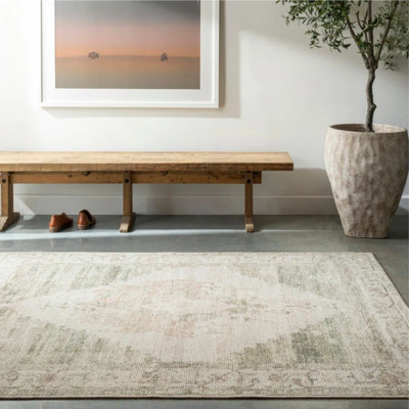 Image of Becki Owens X Livabliss Vintage Oriental Boho Sage Green Luca Area Rug 160 X 213cm - Easy Care, Ideal For Living Room & Bedroom