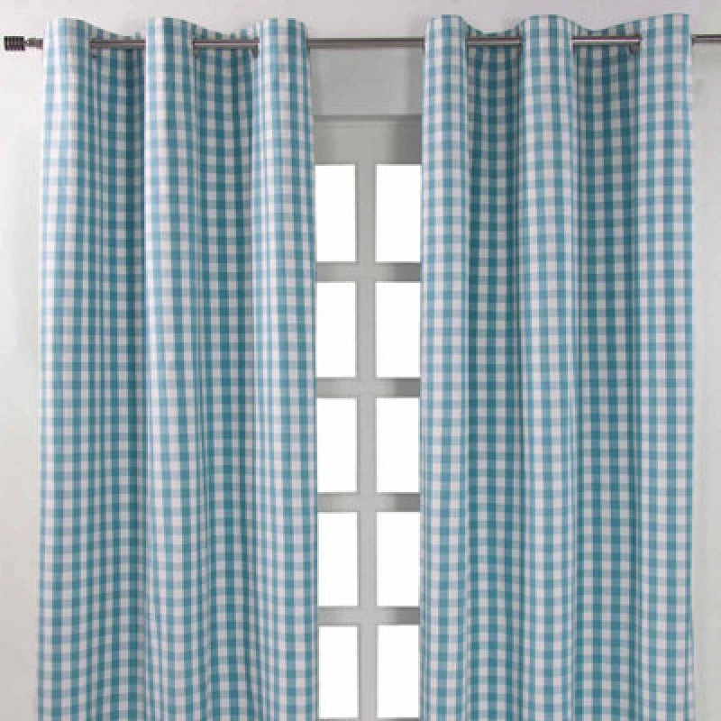 Image of Homescapes Cotton Blue Block Check Gingham Eyelet Curtains 137 X 228 Cm