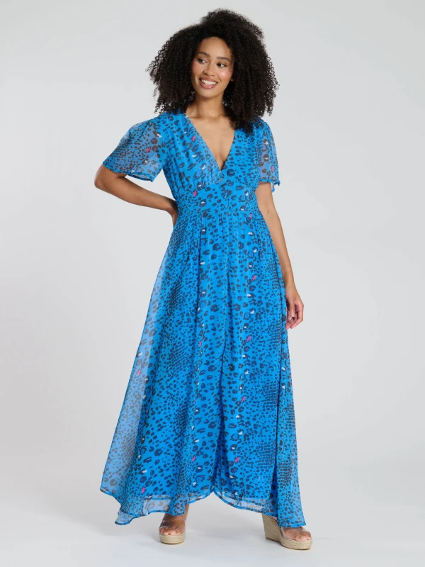 Image of South Beach Womens Printed Metallic Chiffon Button Detail Midi Dress in Blue Size: 14 Blue Female 14