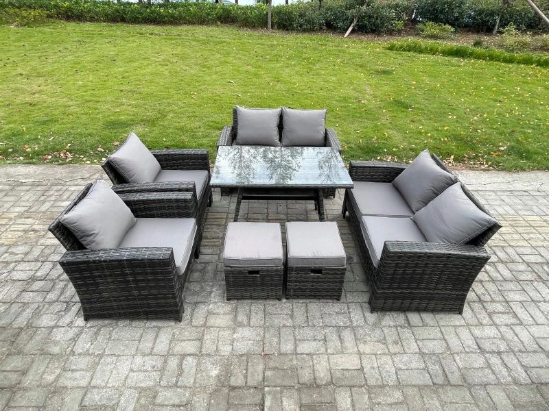 Image of Fimous Rattan Garden Furniture Set Patio Outdoor Lounge Sofa Set with Rectangular Dining Table Double Seat Sofa 2 Small Footstools in Dark Grey Dark G