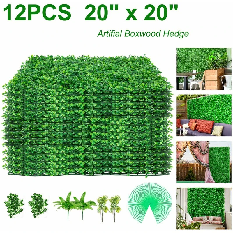 Image of VEVOR VEVOR Artificial Boxwood Panel UV 20" X 20" Boxwood Hedge Wall Panels, Artificial Grass Backdrop Wall 4cm Green Grass Wall, Fake Hedge for Deco