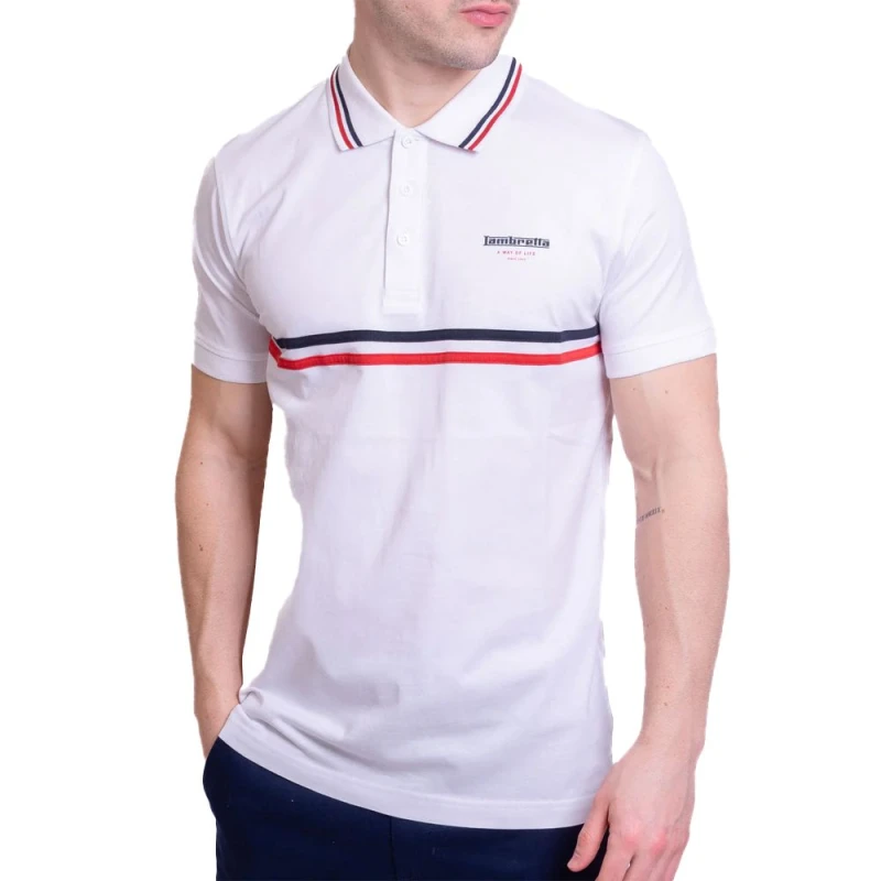 Image of Lambretta Lambretta Men Classic SS24 Stripes Polo Shirt in White Size: Medium White M Male 5063703653565