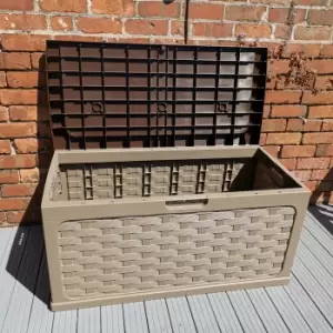 image of 335 Litre Rattan Style Garden Cushion Storage Box with Sit on Lid - Dark Brown