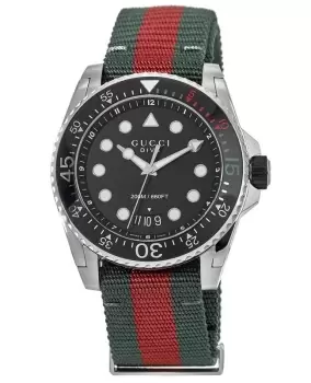 Image of Gucci Dive Black Dial Green and Red Nylon Fabric Strap Mens Watch YA136209A YA136209A