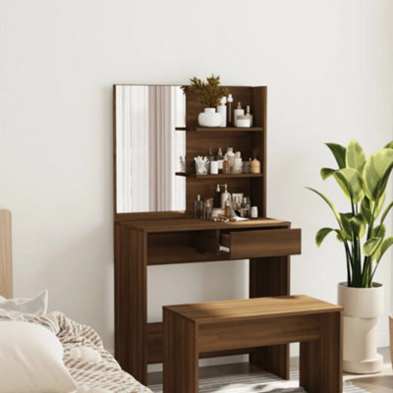 Image of Vidaxl Dressing Table With Mirror Brown Oak 74.5X40X141 Cm, Brown 820492