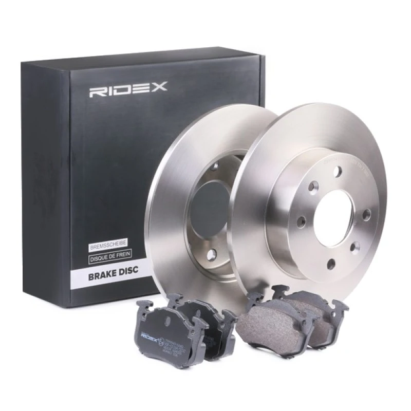Image of RIDEX 3405B0128 Brake disc and pads set Front Axle, Brake Disc Type: Solid, incl. wear warning contact Brake Set,disc brakes (3405)