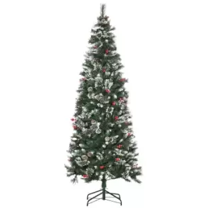 image of Snow Tipped Slim Artificial Christmas Tree with Red Berries and Pine Cones 7ft, Green