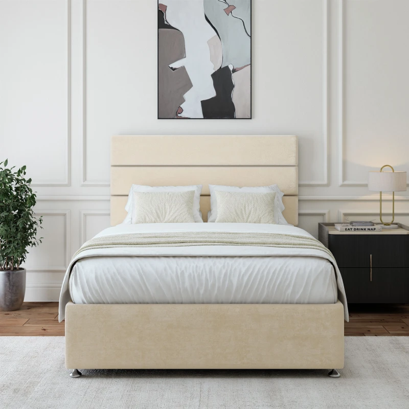 Image of Bedmaster Bedmaster Luxury Velvet 4 Drawer Divan Base And Lined Headboard in Natural Size: Super King Natural Super King Unisex 7867867953671