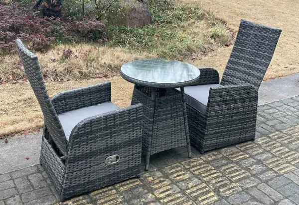 image of Fimous 2 Seater Outdoor Dark Grey PE Rattan Lounge Complete Sofa Set with Reclining Chair and Bistro Set