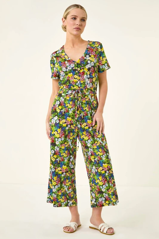 Image of Roman Womens Petite Floral Button Front Jumpsuit in Black Size: 18 Black Female 18