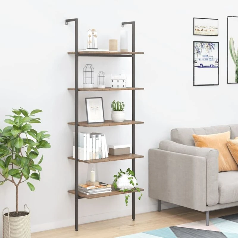 Image of Vidaxl 5-tier Leaning Shelf Dark Brown And Black 64X35X185 Cm, Brown 336386