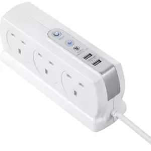 Image of Masterplug 6 Socket 2m Switched Compact Surge Extension Lead + USB (2 port 3.1A) - Gloss White