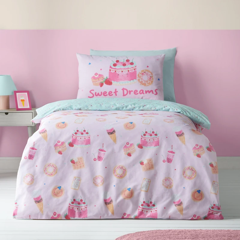 Image of Catherine Lansfield Sweet Treats Reversible Double Duvet Cover Set With Pillowcases Pink