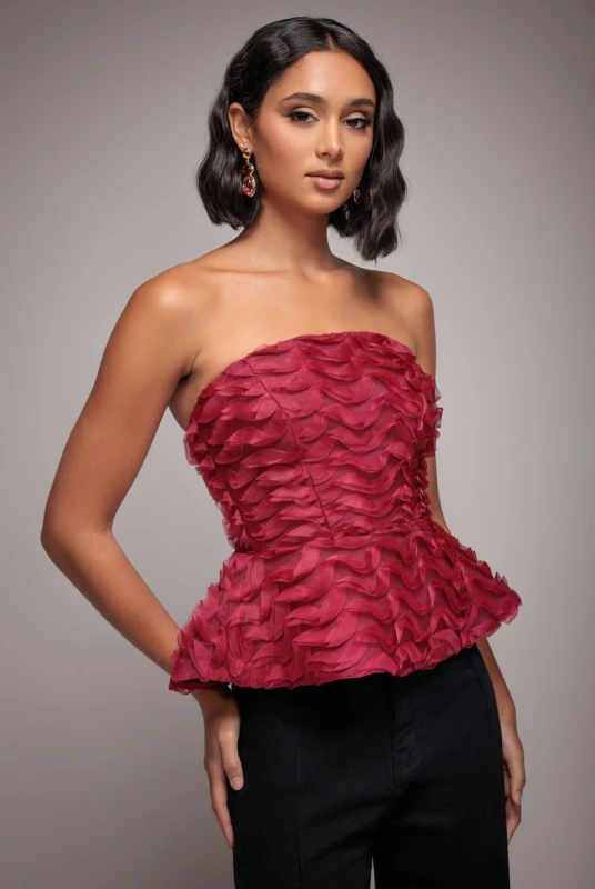 Image of Goddiva Womens Peplum 3D Textured Boob Tube Lace Up Corset in Burgundy Size: 18 Burgundy Female 18