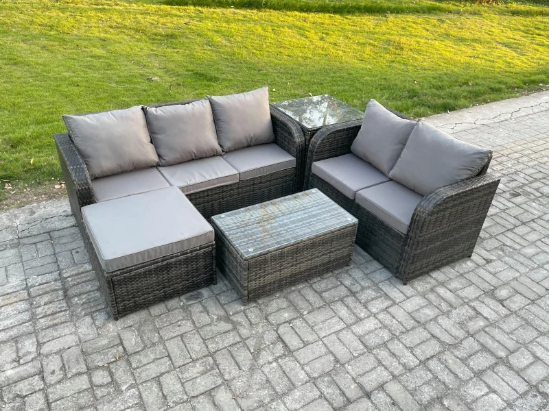 Image of Fimous 6 Seater Rattan Wicker Garden Furniture Patio Conservatory Sofa Set with Rectangular Coffee Table 3 Seater Sofa Big Footstool Side Table Dark