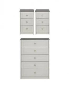 image of Alderley Ready Assembled 3 Piece Package - Chest Of 5 Drawers And 2 Bedside Chests