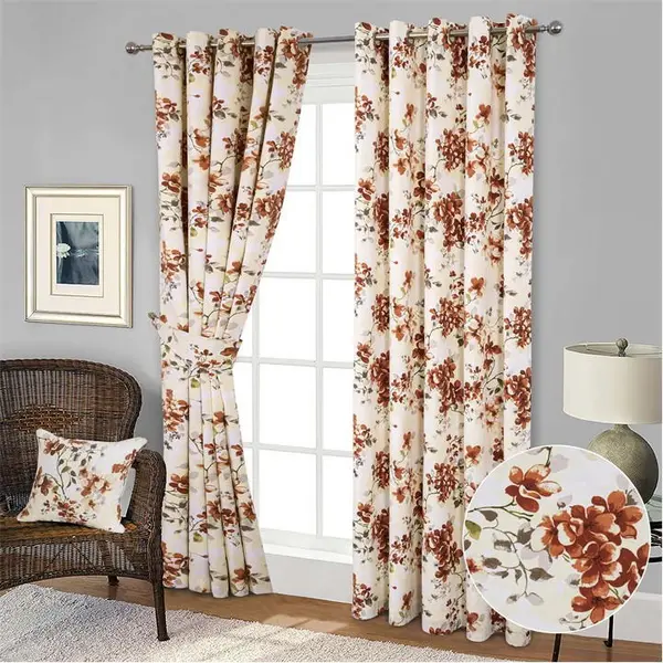 Image of Home Curtains Betty Floral Printed Eyelet Curtains - Red 46x54 Inch
