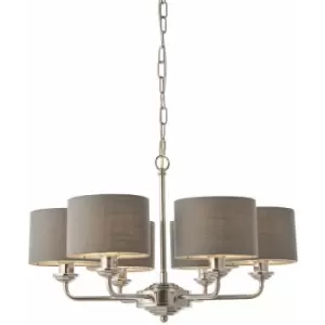 Image of Ceiling Pendant Light - Bright Nickel Plate & Charcoal Fabric - 6 x 28W E14