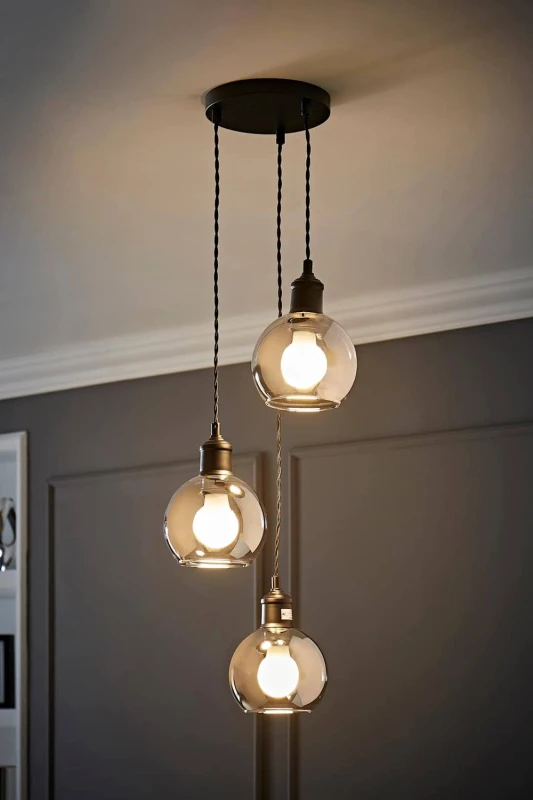 Image of ValueLights Bellamy Smoked Glass 3 Drop Cluster Matte Black Ceiling Pendant Light in Grey Grey Unisex